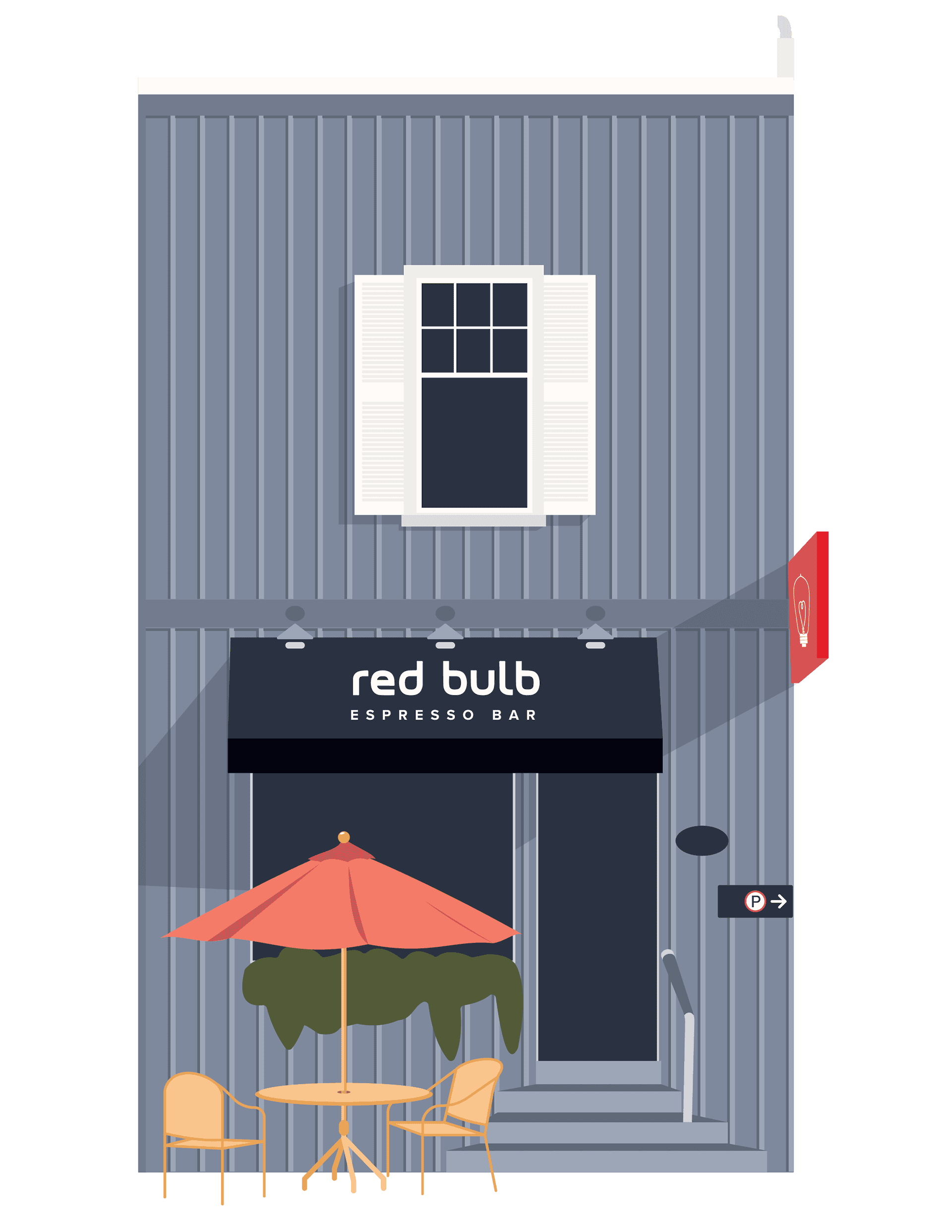 Digital illustration of Red Bulb Espresso Bar by Lauren Faber.