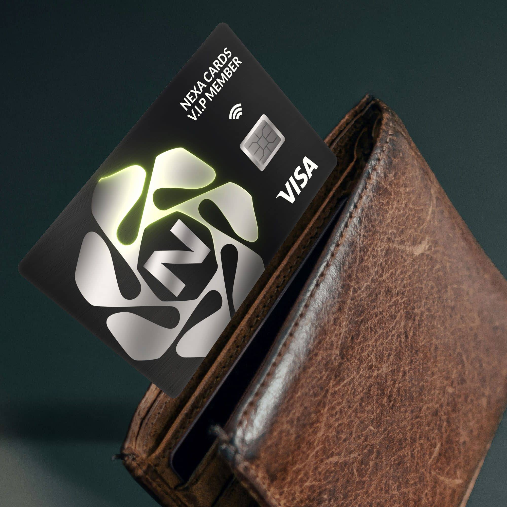 Nexa Card hovering over a brown leather wallet.